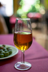 Sherry wine tasting, selection of different jerez fortified wines from dry to very sweet in glasses, Jerez de la Frontera, Andalusia, Spain