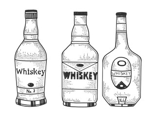 Fototapeta na wymiar Whiskey bottles flasks sketch engraving vector illustration. T-shirt apparel print design. Scratch board style imitation. Black and white hand drawn image.