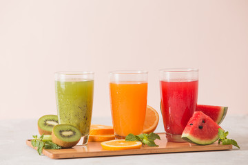 Assortment of fruit and vegetables juice in glass. Fresh organic ingredients, health or detox diet food concept