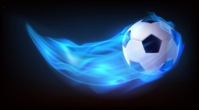 Football ball flying in blue fire, falling in flame side view isolated on black background. Sport inventory store ad, competition, tournament promotion design element. Realistic 3d vector illustration