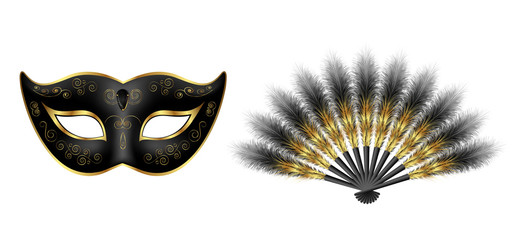 Black carnival venetian mask, masquerade feather fan with gold ornament - obrazy, fototapety, plakaty