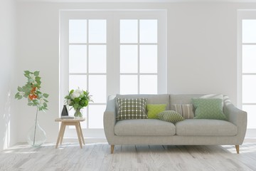 Stylish room in white color with sofa. Scandinavian interior design. 3D illustration