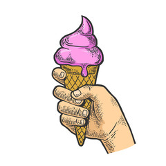 Ice cream in hand sketch engraving vector illustration. T-shirt apparel print design. Scratch board style imitation. Black and white hand drawn image.