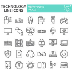 Technology line icon set, devices symbols collection, vector sketches, logo illustrations, gardening signs linear pictograms package isolated on white background.