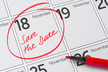 Save the Date written on a calendar - November 18