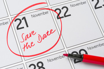 Save the Date written on a calendar - November 21