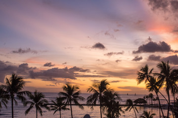 Fototapeta na wymiar ハワイ ワイキキビーチの夕暮れ マジックアワー