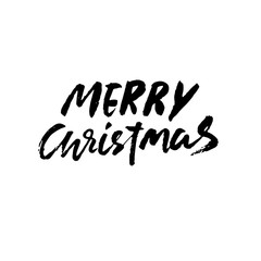 Merry Christmas. Holiday modern dry brush ink lettering for greeting card. Vector illustration.