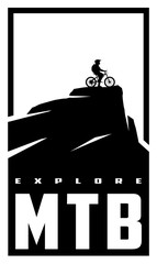 MTB explore. Mountain bike banner, t-shirt print design. Vector illustration.