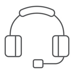 Headphones witn microphone thin line icon, technology and device, headset sign, vector graphics, a linear pattern on a white background.