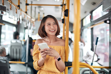 The passenger use smartphone in the bus or train, technology lifestyle, transportation and...