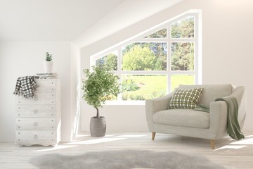 Mock up of stylish room in white color with armchair and green landscape in window. Scandinavian interior design. 3D illustration