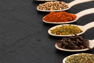 Various spices on dark background, with copy space