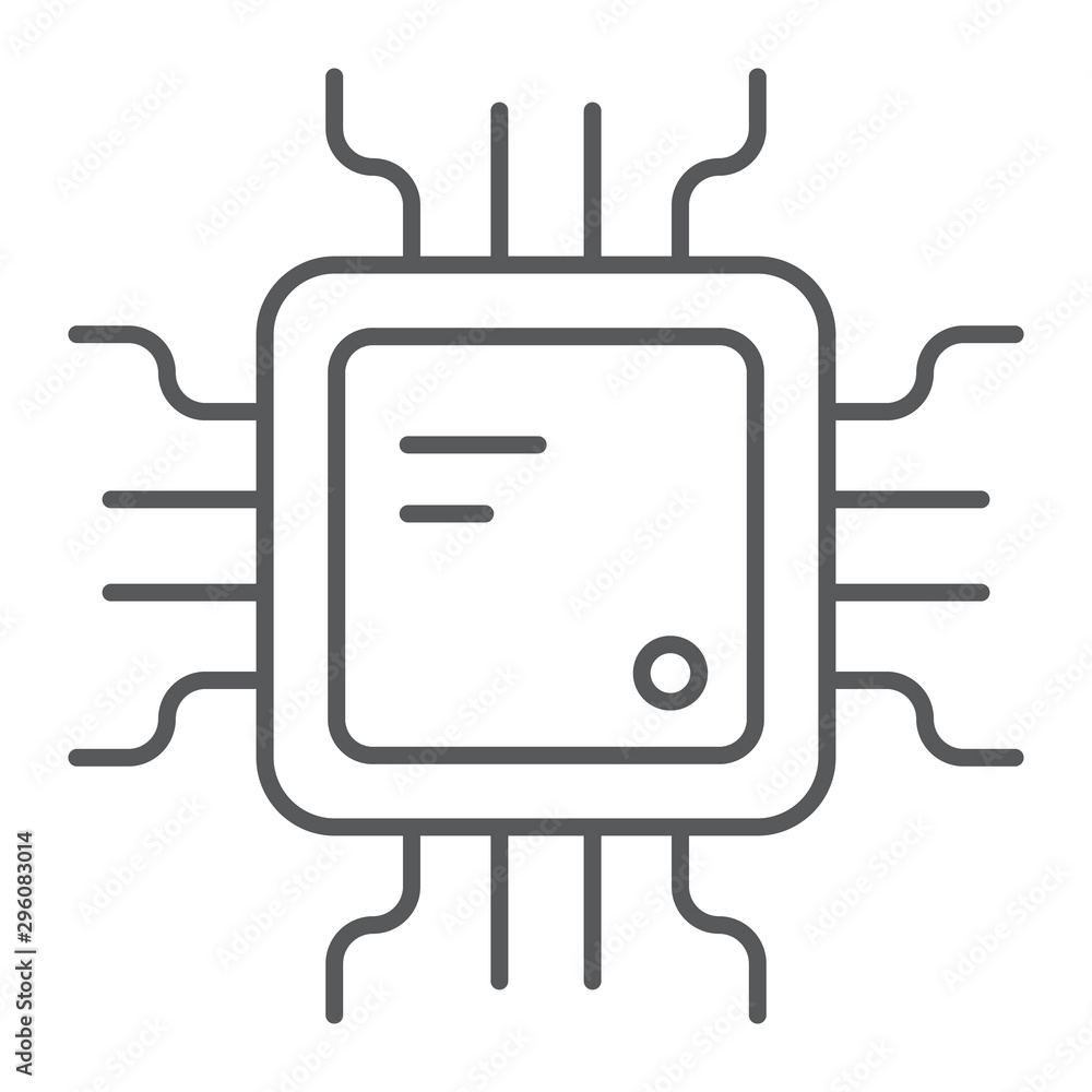 Poster cpu thin line icon, technology and device, chip sign, vector graphics, a linear pattern on a white b