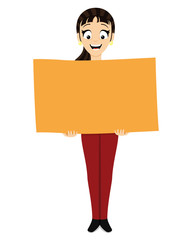 Happy woman with a poster in her hands on a white background.