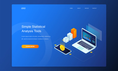 3d isometric illustration analysis data with laptop, smartphone., bar charts.