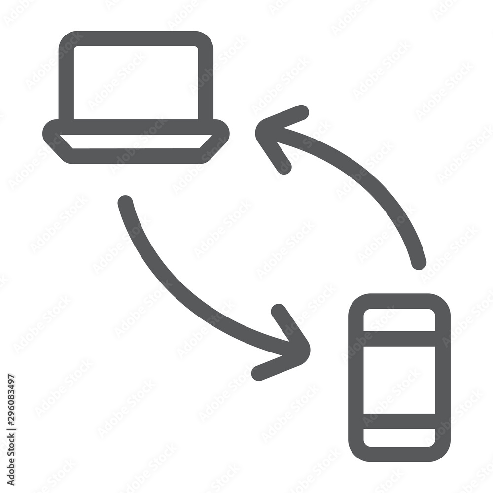 Poster data transferring from laptop to smartphone line icon, technology and transfer, synchronization sign
