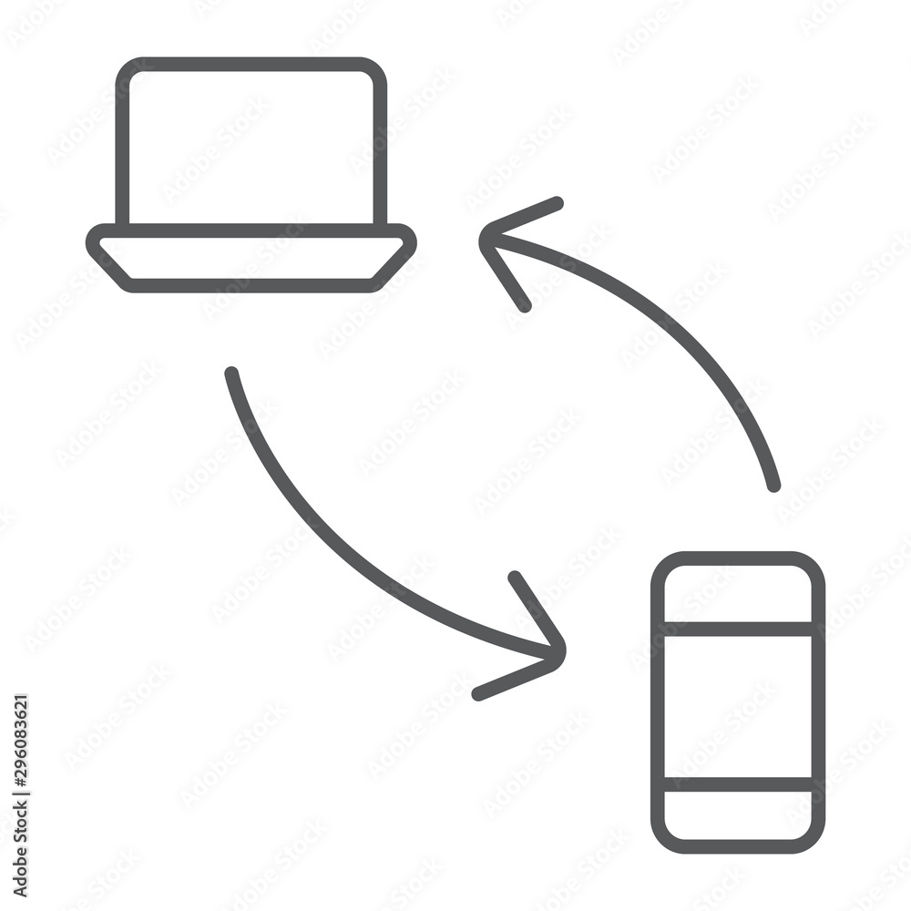 Aufkleber data transferring from laptop to smartphone thin line icon, technology and transfer, synchronization