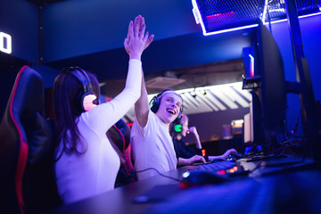 Team professional gamer playing winning tournaments online games computer © Parilov