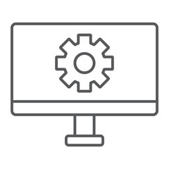 Computer settings thin line icon, technology and equipment, monitor with gear sign, vector graphics, a linear pattern on a white background.
