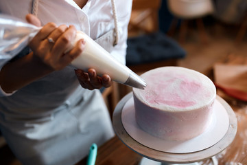 woman is selling home-made cake, small business. close up cropped photo.