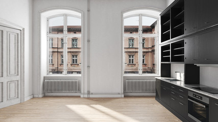 Scandinavian kitchen empty apartment interior without furniture with large wall and landscape in window. Home nordic interior. 3D illustration