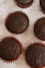 Homemade dark chocolate cupcakes, selective focus