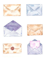 Watercolor collection of retro envelopes. 