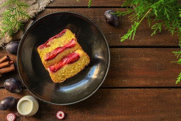 plum pie (delicious dessert, pastries with fruit) menu concept. food background. copy space. Top viev