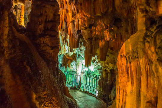 Drogarati cave with remarkable formations of stalactites and stalagmites in Sami, Kefalonia, Greece. It was discovered when a strong earthquake caused a collapse that revealed the cave’s entrance