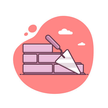 recommend clip art: Construction icon with brick wall and trowel vector icon in monoline / line art style