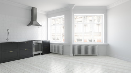 Scandinavian kitchen empty apartment interior without furniture with large wall and landscape in window. Home nordic interior. 3D illustration