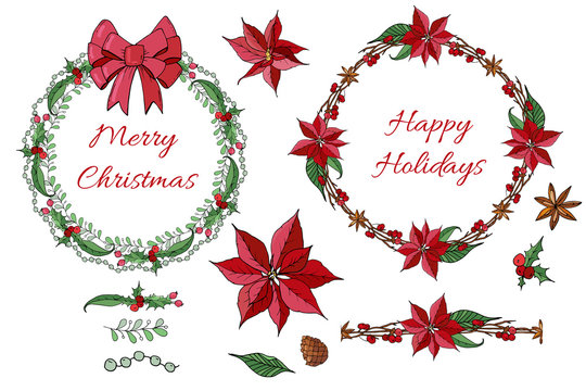 Set with Christmas decoration. Round garland decorated with season festive elements.