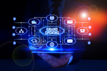 Text sign showing Grand Opening. Business photo text Ribbon Cutting New Business First Official Day Launching Male human wear formal work suit presenting presentation using smart device