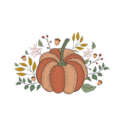 Pumpkin with autumn leaves, berries and acorns. Vector color illustration. Postcard or poster design.