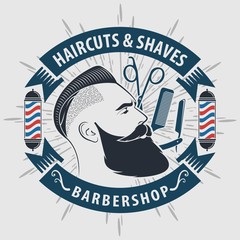 Barbershop poster, banner template with hipster face. Vector illustration