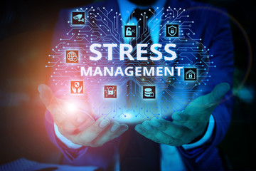 Word writing text Stress Management. Business photo showcasing method of limiting stress and its effects by learning ways Male human wear formal work suit presenting presentation using smart device