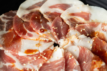 uncook kurobuta slice pork pig with seasoning close-up