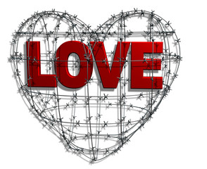 3D rendering. The text of the word "love" is inside the barbed wire in the form of a heart. Valentine's day holiday. White background.