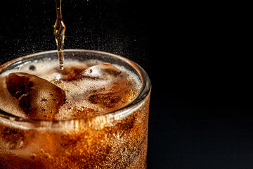Fizz sparkling Cola water Refreshing bubbly Soda Pop with Ice Cubes. Cold soft drink cola...