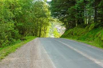Fototapeta na wymiar Crest of a gravel road through a forest.