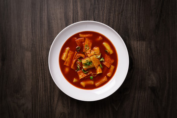 Delicious spicy tteokbokki in Korea. Korean traditional food.