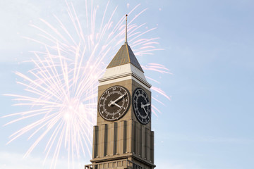 A large clock tower. Big Ben. Blue sky