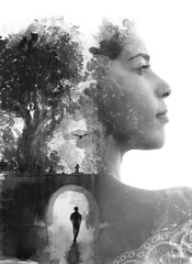 Paintography. Double exposure portrait combined with hand drawn painting of a lonely person under a...