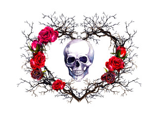 Heart shape, human skull. Twigs, rose flowers. Watercolor in grunge gothic style