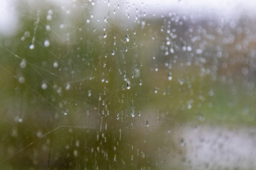 Raindrops on a window pane. Rainy autumn day. Close-up.