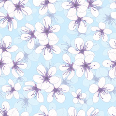 Fototapeta na wymiar Seamless pattern with cherry flowers on blue background