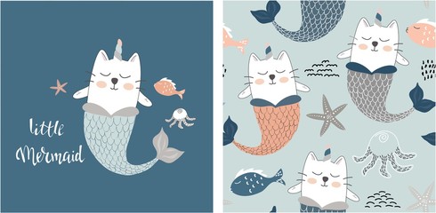 set of cute cat mermaid print and seamless pattern with cat mermaids. vector