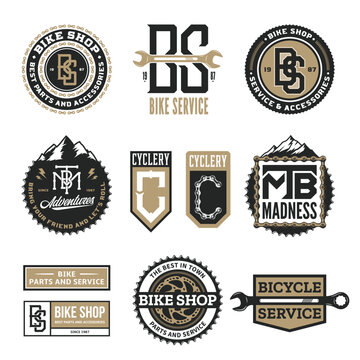 Set of vector bike shop, bicycle service, mountain biking clubs and adventures logo, badges and icons isolated on a white background