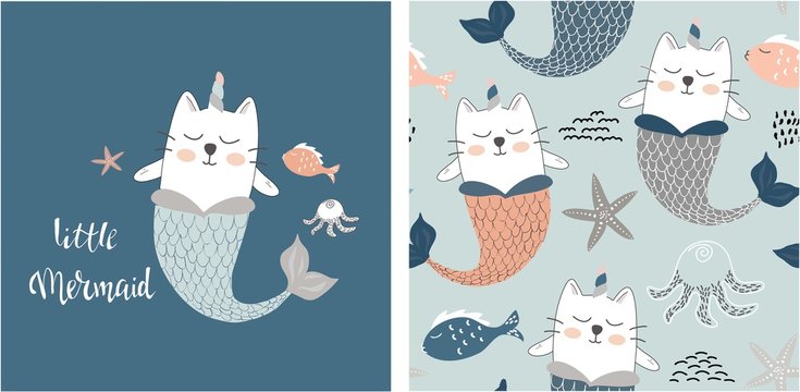 Set Of Cute Cat Mermaid Print And Seamless Pattern With Cat Mermaids. Vector